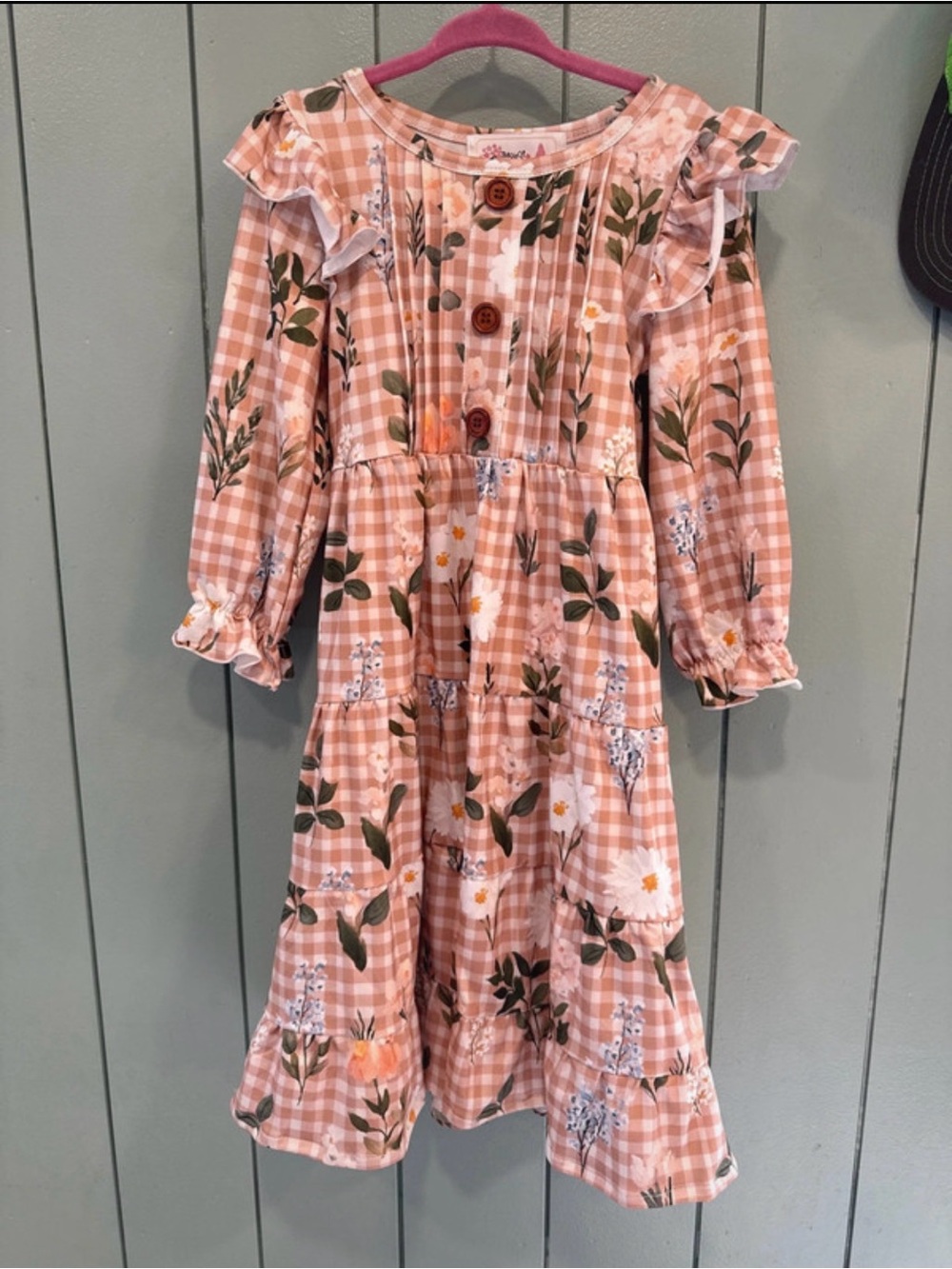 Girls Pink Gingham Floral Tiered Dress with Ruffle Details